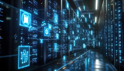 Obraz premium Futuristic Digital Server Room with Blue Technology Blocks