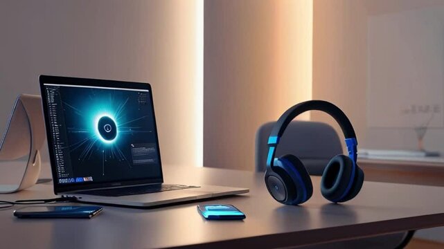 computer mouse and headphones colorful lights HD resolution with hyper realistic nature ai generative 4K Background.