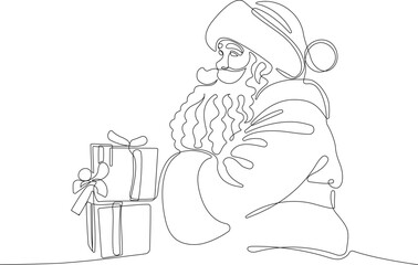Outlined Cute Santa Claus Cartoon Character With A Sack Full Of Gifts. Vector Hand Drawn Illustration. One continuous line drawing Santa Claus on reindeer and sled. concept for Christmas and New Year