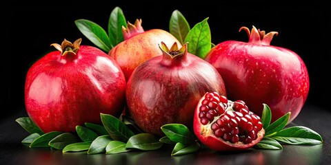 Fresh juicy pomegranates with leaves isolated on black background , Pomegranate, organic, fruit, healthy, antioxidant, red
