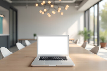 Fototapeta premium Blurred empty open space office. Abstract light bokeh at office interior background for design.