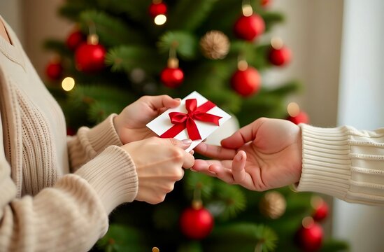 Close-up of a white mock-up of a gift certificate, mock-up of a Christmas card in hand. From hand to hand. A man is giving a woman a gift certificate. Mockup