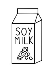 Soy Vegan milk. Box Carton packaging. Outline, Doodle, Line art. Vector flat illustration.
