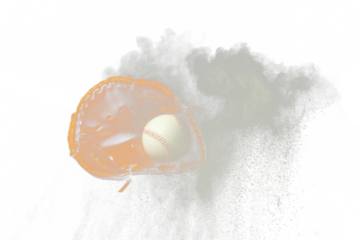 Leather glove mitt receive hit baseball ball and dust soil explode in air. Baseball ball throw and hit to center of mitt glove. Black background isolated freeze action
