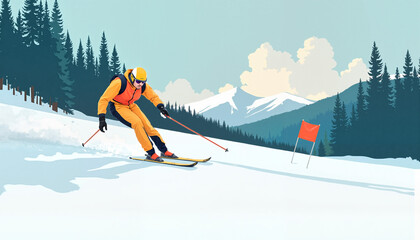Minimalist vector illustration. skier approaching the finish line