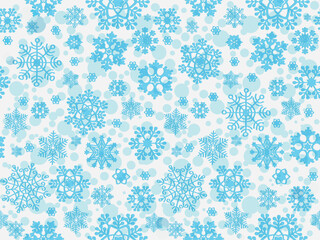 Vector seamless Christmas pattern with blue snowflakes and stars on a white background with bokeh