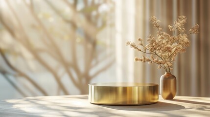 Fototapeta premium A gold vase with a flower in it sits on a table next to a gold pedestal. Generative AI