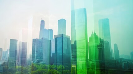 Fototapeta premium Urban skyline gradually shifting from gray to green reflecting efforts in carbon reduction and the push for a greener environment