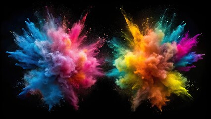 Obraz premium Two vibrant chalk explosions and dust clouds on black background, colorful, chalk, explosion, vibrant