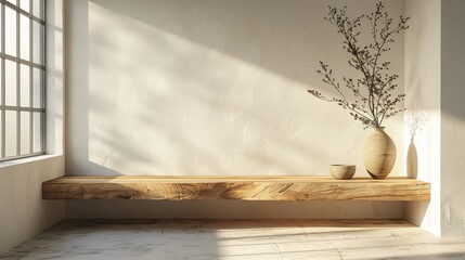A white wall with a wooden shelf and a vase on it. Generative AI