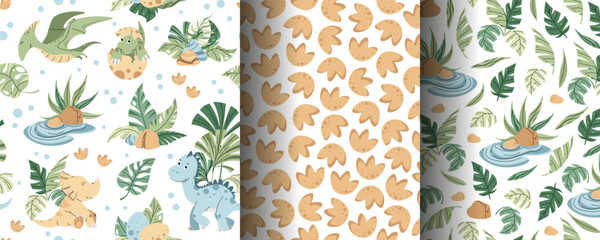 Set of seamless patterns with cute dinosaurs in flat style. Endless texture with baby dinosaurs with palm leaves, footprints and plants. Childish background for fabric, wallpaper, wrapping paper © Siawi_art