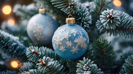 Obraz premium Beautiful Christmas blue balloons and fir branches on a light background. Snow is falling. Traditional Christmas and New Year decorations.
