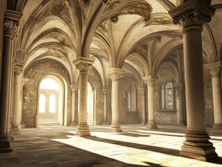 Fototapeta premium A serene interior of an ancient stone building with arches and soft lighting.