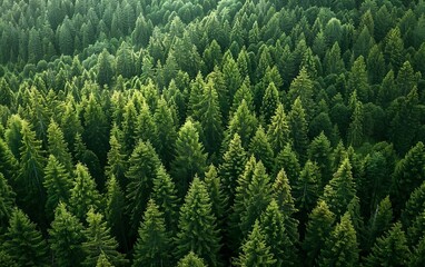 Drone view botanical poster. Aerial shot of Nordic lush green pine trees in summer. Modern Scandi banner, top view, dendritic pattern. Calm Scandinavian forest background. Bird's eye view from above