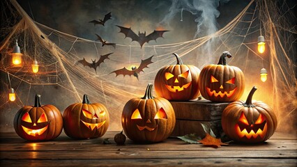 Spooky Halloween scene with jack-o-lanterns, cobwebs, and bats , Halloween, scene, spooky, jack-o-lanterns, cobwebs, bats