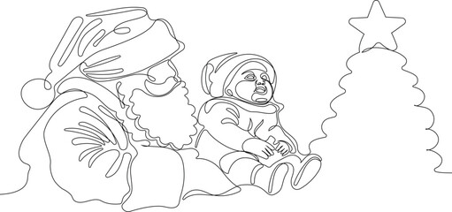 Outlined Cute Santa Claus Cartoon Character With A Sack Full Of Gifts. Vector Hand Drawn Illustration. One continuous line drawing Santa Claus on reindeer and sled. concept for Christmas and New Year