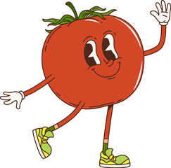 Cartoon groovy tomato vegetable character with vibrant red color, lively eyes and smiling face, wears sneakers and gloves, waving hand. Isolated vector ripe healthy tomato vegetable retro personage