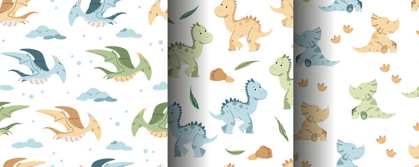 Set of Seamless Patterns with cute dinosaurs in flat style. Repeating background with baby dinosaur and footprints. Kiddie background for fabric, wallpaper, wrapping paper, scrapbooking, etc. © Siawi_art