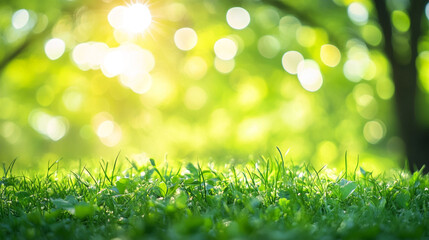 Obraz premium Sunlight breaks through trees, illuminating fresh green grass in a tranquil outdoor setting