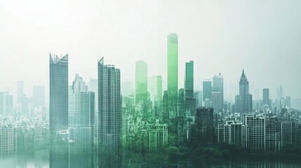 Obraz premium City skyline transitioning from gray to green tones symbolizing the journey toward carbon neutrality and a sustainable urban future