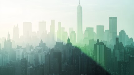 City skyline transitioning from gray to green tones symbolizing the journey toward carbon neutrality and a sustainable urban future
