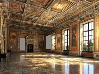 Fototapeta premium A grand, ornately decorated interior room with intricate ceiling and wall art.