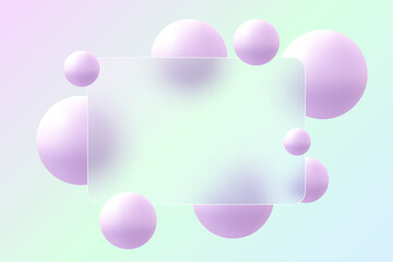 Glass morphism website landing page template. Frosted glass partition with floating spheres.