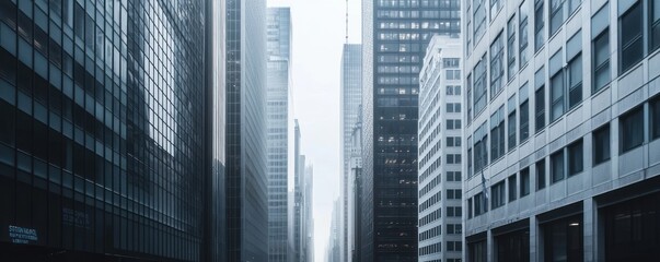 A foggy urban street scene showcasing tall buildings and a sense of depth.