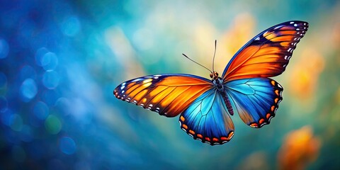 Fototapeta premium Blue orange butterfly with multicolor wings, flying gracefully on a background, butterfly, blue, orange, multicolor