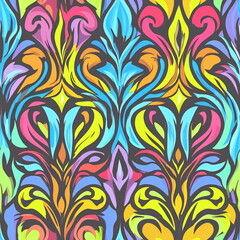 Seamless Pattern:  A vibrant and colorful abstract design featuring swirling patterns in bright hues of blue, green, yellow, pink, and red. The pattern is symmetrical and intricate.