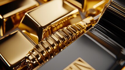 Close-up of a luxurious golden fuel pump and gold bars, capturing the rising value and cost of energy resources in a modern setting.