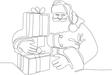 Outlined Cute Santa Claus Cartoon Character With A Sack Full Of Gifts. Vector Hand Drawn Illustration. One continuous line drawing Santa Claus on reindeer and sled. concept for Christmas and New Year