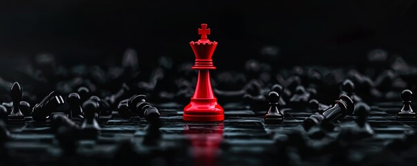 Conceptual art showing a red king chess piece ahead of black pawns, representing leadership, courage, and standing out from the crowd.