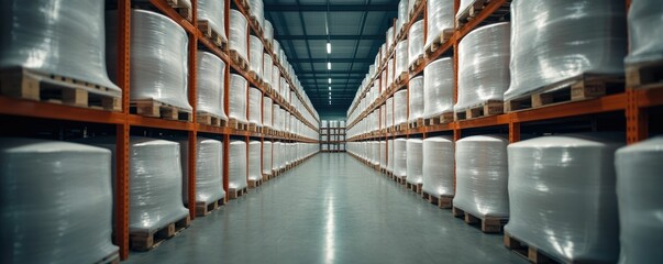 Fototapeta premium Aerial view of a modern well organized warehouse interior with neatly stacked pallets an efficient layout and a focus on optimizing space and inventory management for seamless logistics