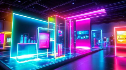 Futuristic business convention scene with a demonstration booth showcasing products in neon colors creating an abstract and dynamic atmosphere