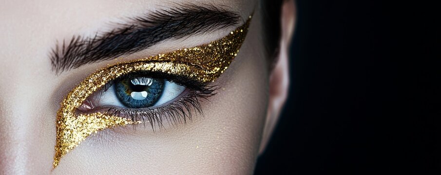Creative beauty design, bold black eyeliner with rich gold glitter, perfectly shaped eyebrows, studio lighting