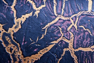 Closeup shot of cracked with caverns glazed deep blue, purple and golden handmade ceramics texture background focus stacking image.