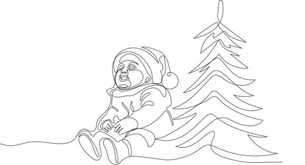 Outlined Cute Santa Claus Cartoon Character With A Sack Full Of Gifts. Vector Hand Drawn Illustration. One continuous line drawing Santa Claus on reindeer and sled. concept for Christmas and New Year