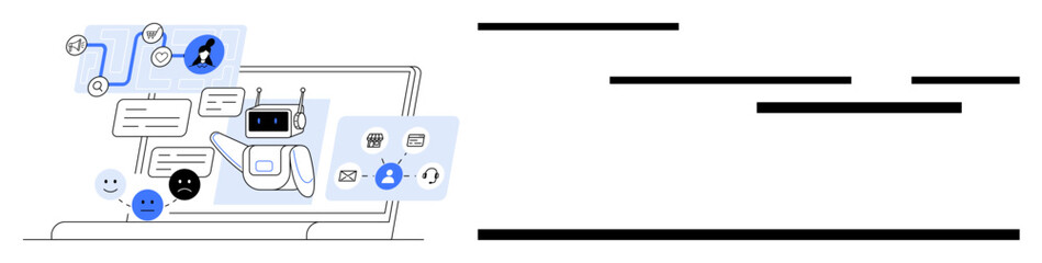 AI chatbot interacting through messages on laptop screen with various icons and dialogue boxes. Ideal for technology, customer service, business, communication, AI, automation, online help. Banner