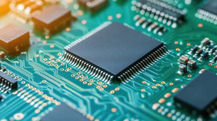 Electronics assembly line workers meticulously soldering circuit boards ensuring connections and precision with a deep depth of field in an industrial manufacturing setting