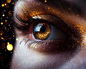 Glamorous golden glitter eye makeup close-up, high-definition sparkles, luxurious elegance