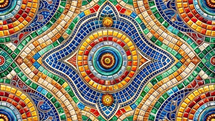 Obraz premium Symmetrical pattern of colorful tiles arranged in a strict grid of wavy lines and circles, symmetrical, colorful, tiles, grid