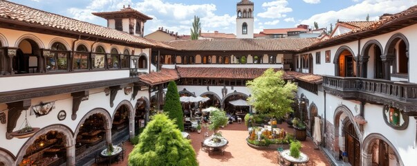 A picturesque courtyard featuring traditional architecture and lush greenery.