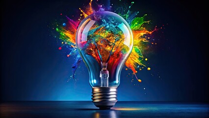 Colorful splashes of paint on light bulb against dark blue background, paint, colorful, splashes, light bulb, creativity