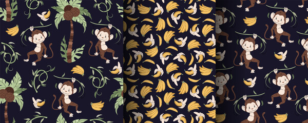 Set of seamless patterns with cute monkeys in flat style. Repeating background with African animals, palm trees and bananas. Childish illustration for fabric, wallpaper, wrapping paper, scrapbooking