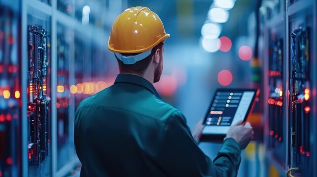 Technician carefully conducting a final inspection and testing on electronic devices at the end of the assembly line in a modern industrial manufacturing facility