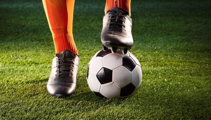 Fototapeta premium Football, soccer boots and a football, soccer ball on the grass