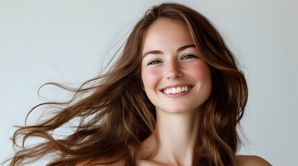 Fototapeta premium Captivating Smiling Woman with Flowing Brown Hair Against White Background