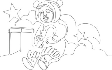 Outlined Cute Santa Claus Cartoon Character With A Sack Full Of Gifts. Vector Hand Drawn Illustration. One continuous line drawing Santa Claus on reindeer and sled. concept for Christmas and New Year
