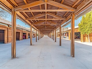 Fototapeta premium A spacious market corridor with wooden beams and open stalls, inviting exploration.